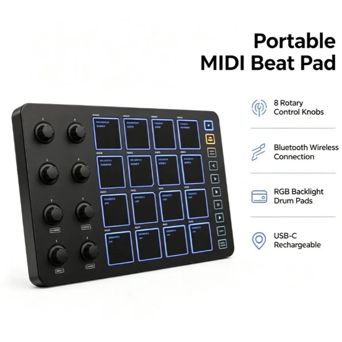 Wireless MIDI Pad Bluetooth MIDI Controller,16 Pads & 8 Assignable Knobs, Portable USB-C Powered W/Built-in Battery