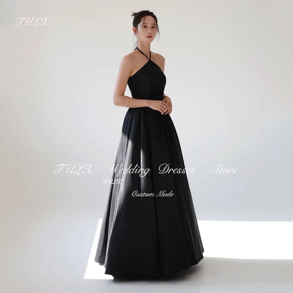 

TULX Simple Black Corset Evening Dress Floor Length Korea Wedding Photo Shoot Dress Halter Sleeveless Party Dress Customized