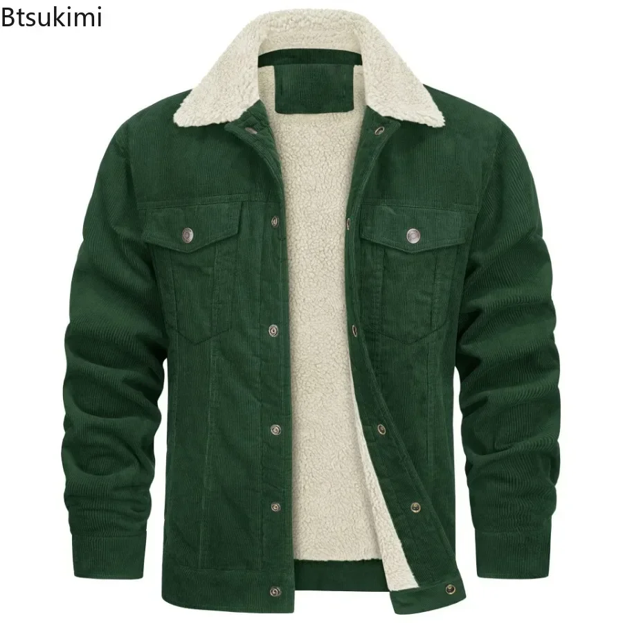 Autumn Winter Men's Corduroy Jackets Vintage Lapel Fleece Windbrekaer Thicken Warm Coats Multi-pockets Loose Casual Jackets Male