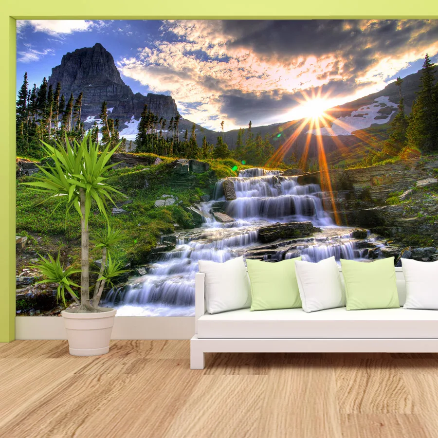 11+ Waterproof Natural Waterfall Sun Shining Mountain Wallpaper for Living Room Home Decor Renovation Mural, Peel Stick Optional