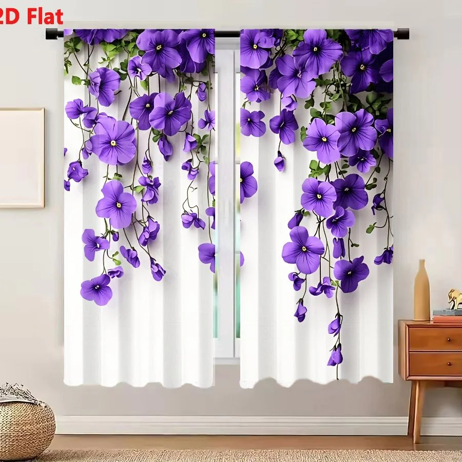 2Pcs Curtains 2D Flat Vibrant Purple Petunia Flowers Cascading With Yellow Centers And Green Leaves On Light Background Window D