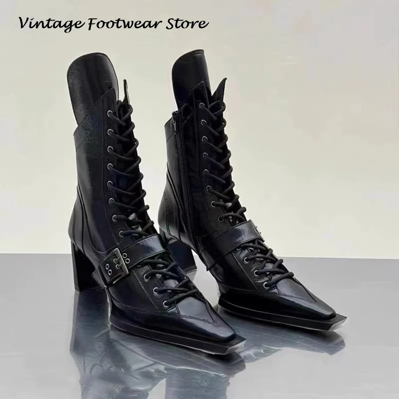 

Vintage Street Style Belt Buckle Mid-calf Boots Pointed Toe Square Heel Cross-tid Retro Boots Women Spring Autumn Cool Booties