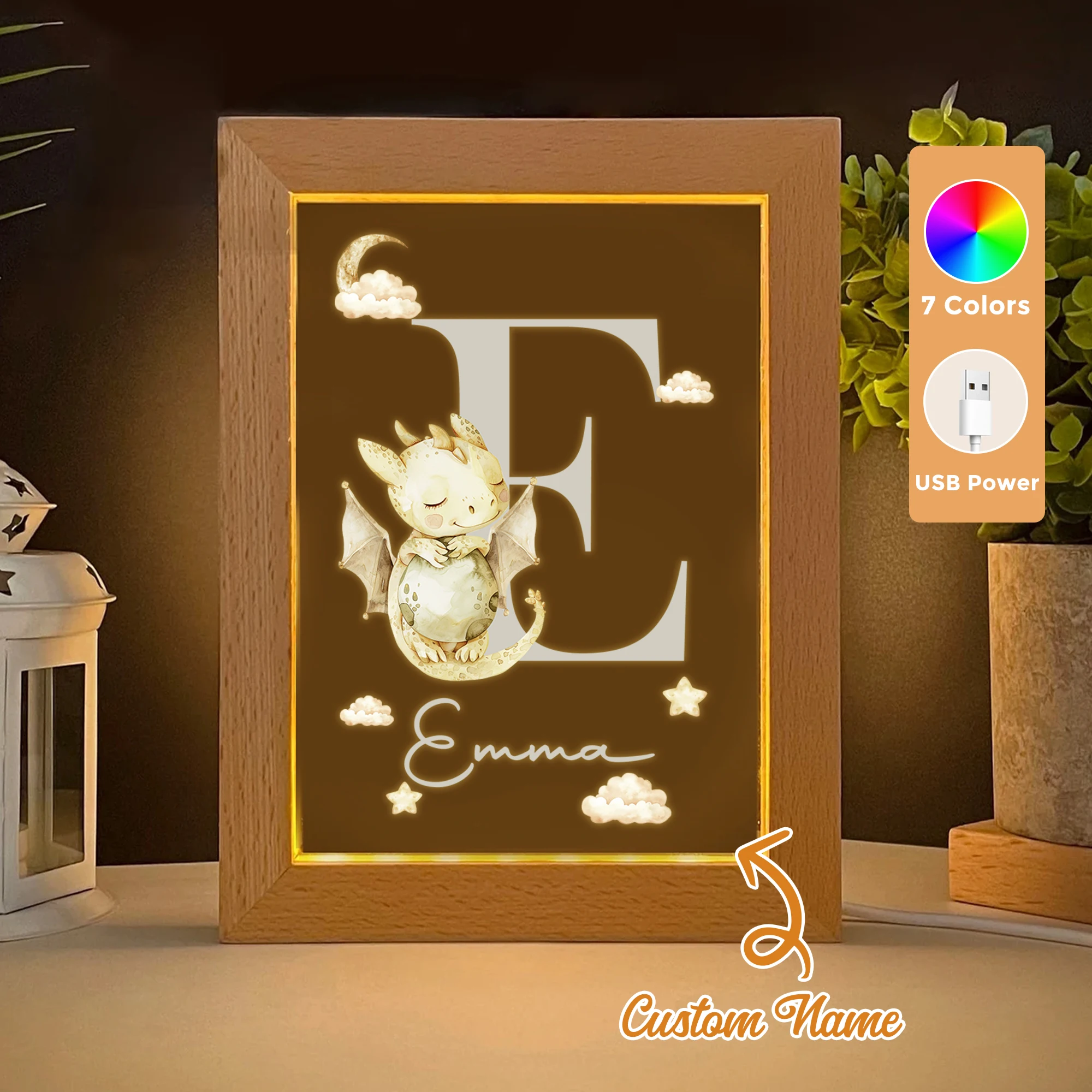 

2D Flat Custom Name Dinosaur LED Acrylic Night Light Wood Photo Frame 21x17cm Cartoon Children Bedroom Gifts Home Decor