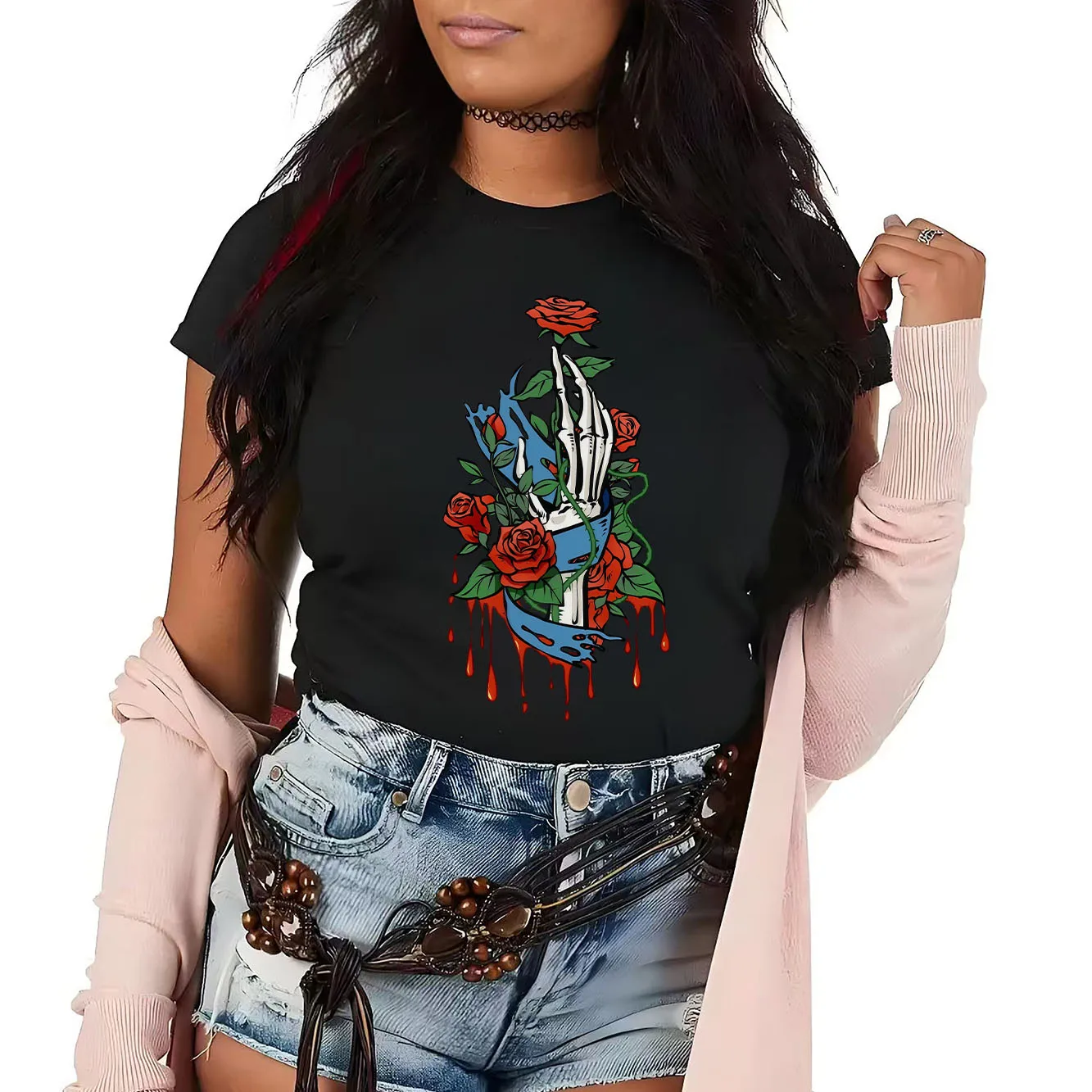 ファッションスケルトンローズプリントストリートTシャツ半袖ラウンドネックカジュアル多用途レディースTシャツ