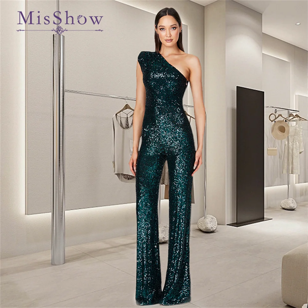 Missshow ชุดจั๊มสูทยาวหรูหราสำหรับแฟชั่นสำหรับผู้หญิงชุดเล่นคลับเลื่อมระยิบระยับเปิดไหล่ข้างเดียวปาร์ตี้งานพรอม2023