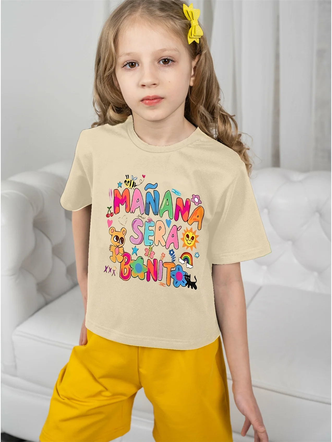

5 To14 Years Girl Clothes Manana Sera Bonito Print Beige T-shirt Children's Clothing Kids Summer Short Sleeve Child Top T-shirts