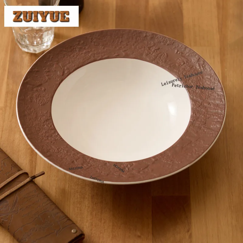 HOYIHM Carved Texture Coffee Brown Flat-bottomed Soup Plate High-end Household Hotel Commercial Salad Plate Tableware