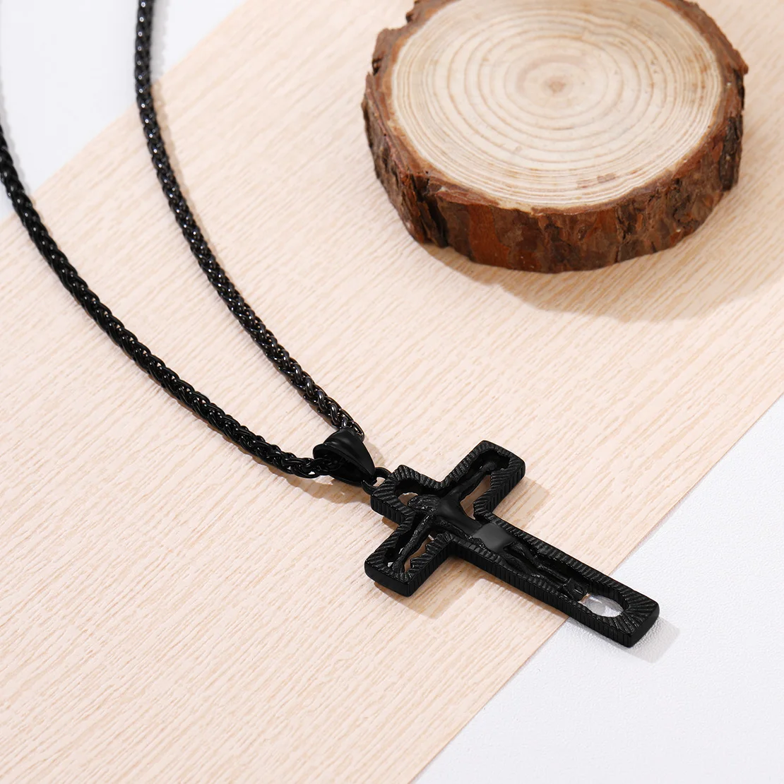 U7 Vintage Style Crucifix Jesus Cross Pendant Necklaces Box Link Wood Beads Chain Retro Catholic Church Religious Unisex Jewelry