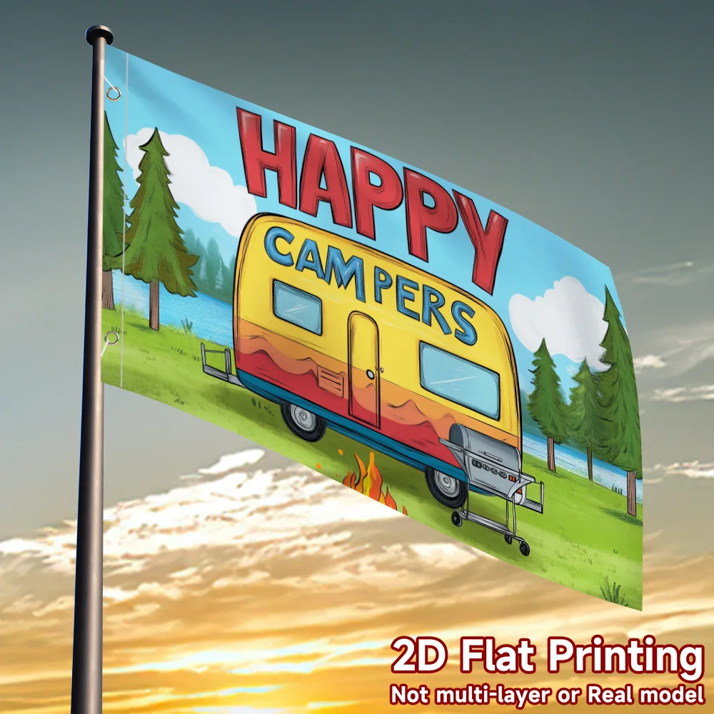 Happy Campers Trailer Flag Decorative Summer Vacation Yard Banner Durable Polyester Print