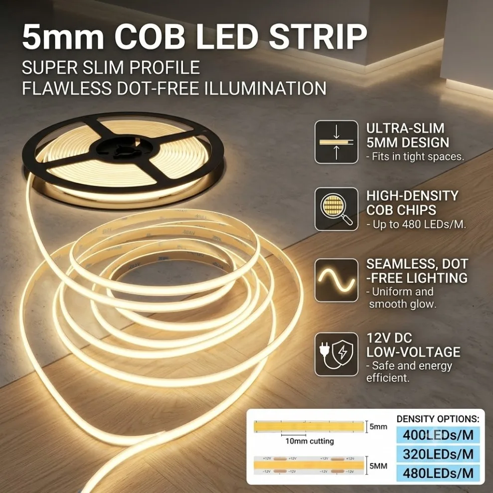 5mm PCB COB LED Strip DC12V/24V 320/400/480LEDs 1m-5m High Density Dimming Flexible Tape for TV Backlight Bedroom Decor Lighting