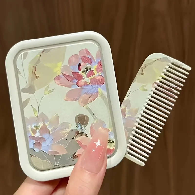 Portable Floral Hair Comb and Mirror Set, Durable ABS