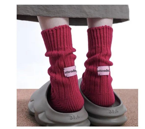 Koreanische Nadel Dicken Faden Gestrickte Mittelrohr Socken Baumwolle Japanische Rosa Label Paare SolidColor Socken Mid-rohr Warme Hause socke – Detail 14