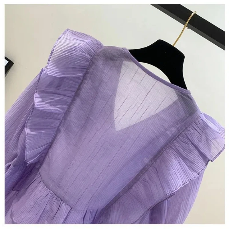 Early Spring Top for Women V-Neck Solid Color Long Sleeve Pullovers 2024 Summe New Pattern Lotus Leaf Edge Chiffon Tops Women's