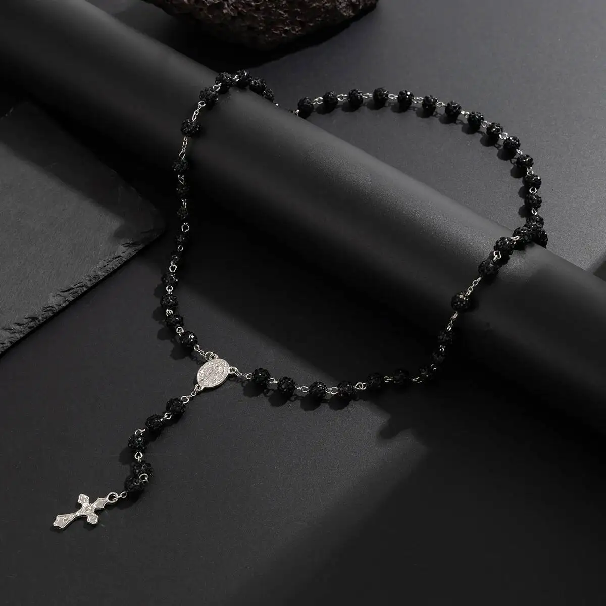 PuRui Trendy Punk Acrylic Rhinestone Long Tassels Necklace Men Hip Hop Creative Cross Pendant Necklace Charm Jewelry Accessories