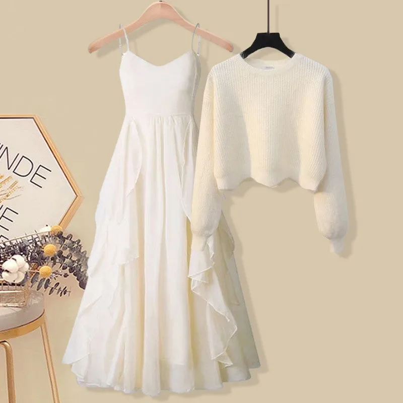 

plus Size Knitted Fairy Skirt Set Trendy Street Sle Two Piece Set Slimming High Waist Long Sve mid Length Commute Sle