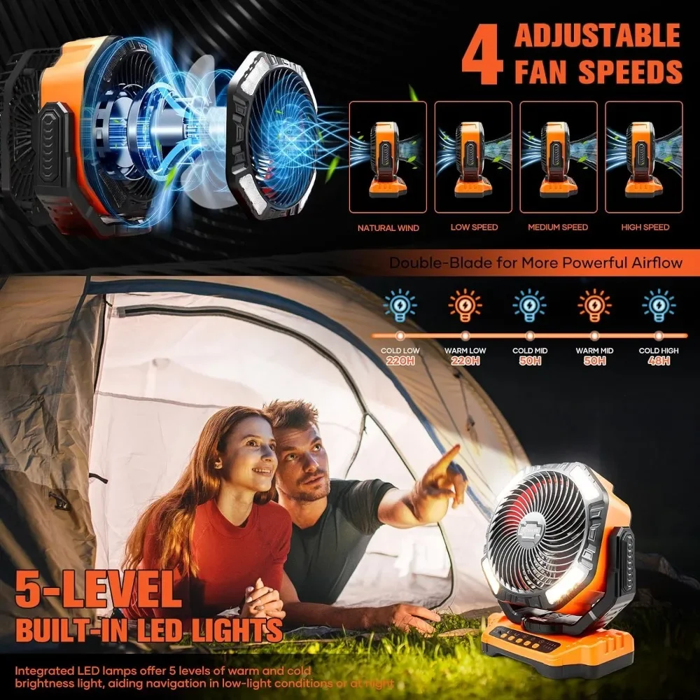 선풍기 충전식 캠핑 Fan-40000mAh 배터리 구동 텐트 팬, LED, 자동 진동, 휴대용 테이블 선풍기