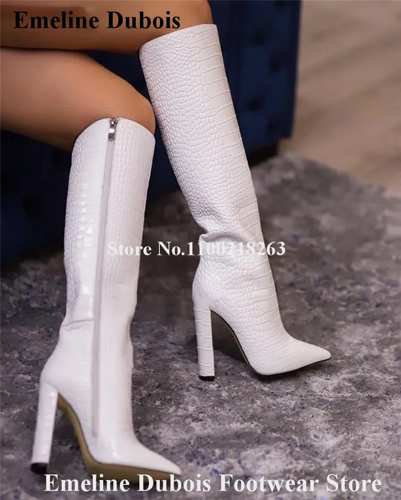 

White Black Snake Leather Knee High Boots Emeline Dubois Elegant Pointed Toe Snakeskin Pattern Long Chunky Heel Dress Shoes