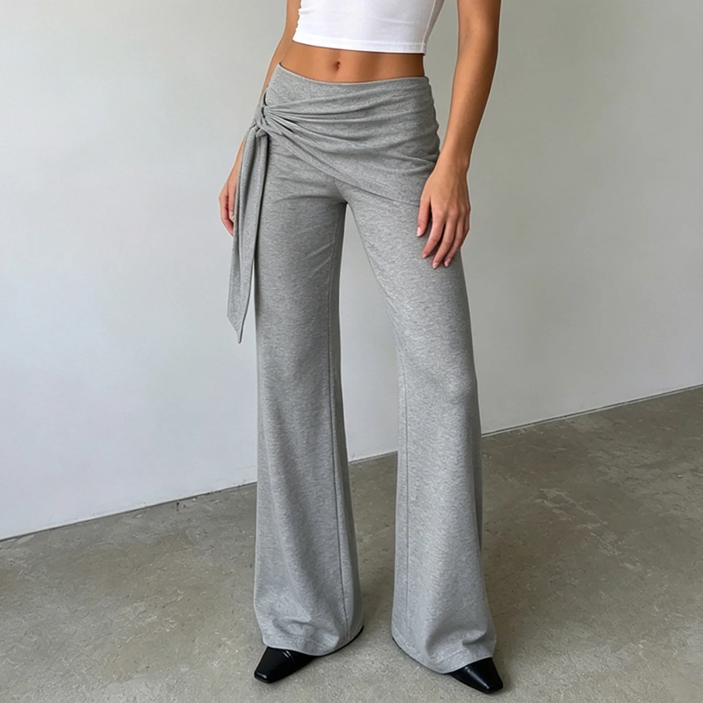 Spice Girl Gray Knitted Casual Pants Fashion Splicing Strap Pleated Hip-wrapped Trousers