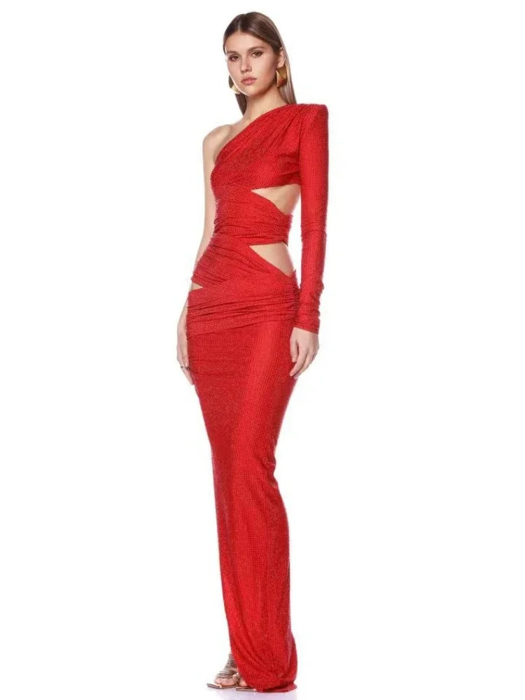 Abiti lunghi sexy con diamanti monospalla a maniche lunghe da donna Elegante abito da sera maxi da sera con spacco increspato rosso ritagliato