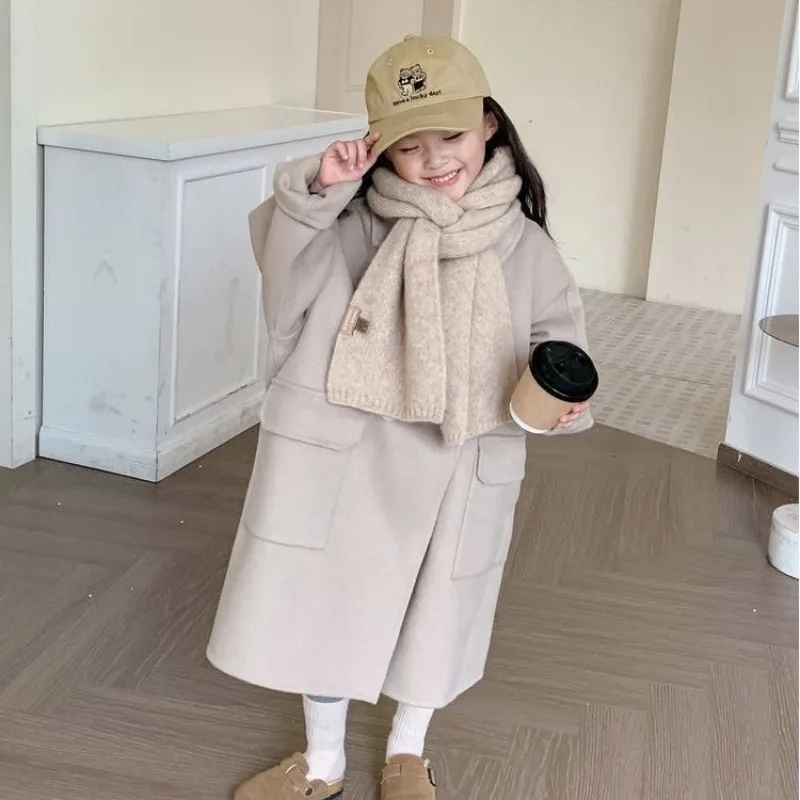 Girls Woolen Coat Jacket Cotton Outwear Overcoat 2023 Khaki Warm Thicken Plus Velvet Winter Autumn Teenager Children\'s Clothing