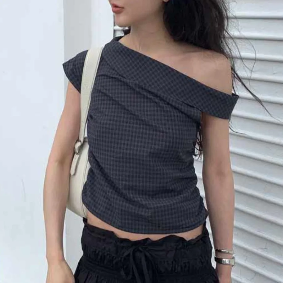 

Chic Summer Plaid Shirt Design Sensation Small Crowd Gown Waist Cinch One Shoulder Short Length Korean Style Polyester Fiber