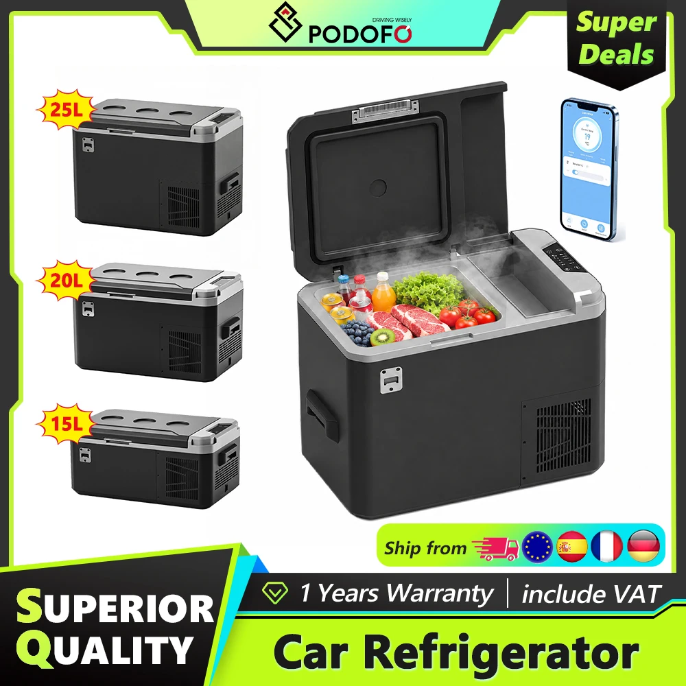 Podofo 15L/20L/25L Tragbarer Elektrischer Auto-Kühlschrank mit Elektrischem Kompressor 12/24V DC 100-240V AC Ausgestattet mit Gefrierfunktion für Zuhause, Reisen und LKW 10 ° C~25 ° C