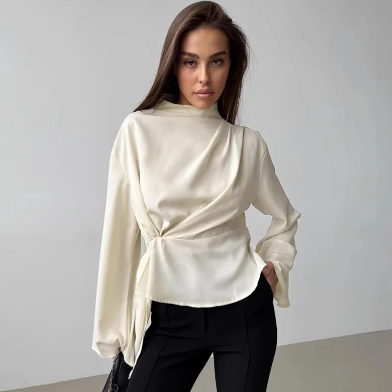 

Small stand collar chiffon flared sleeve pleated slit shirt 2026 spring new top