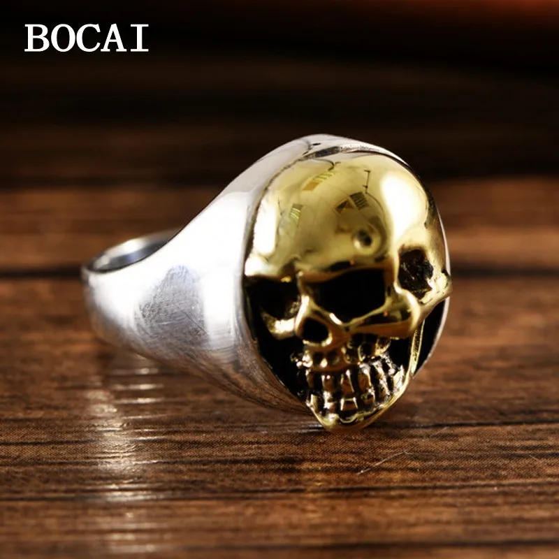 BOCAI NEW S925 Silver Vintage Personality Fashion Side Dominant Skull Ring Male