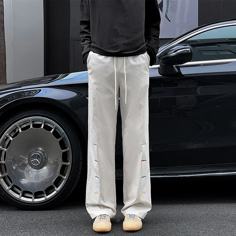 Mens Lightweight Wide Leg Trousers Elastic Waist With Drawstring Relaxed Cut Decor Stitch Design For Street And Travel