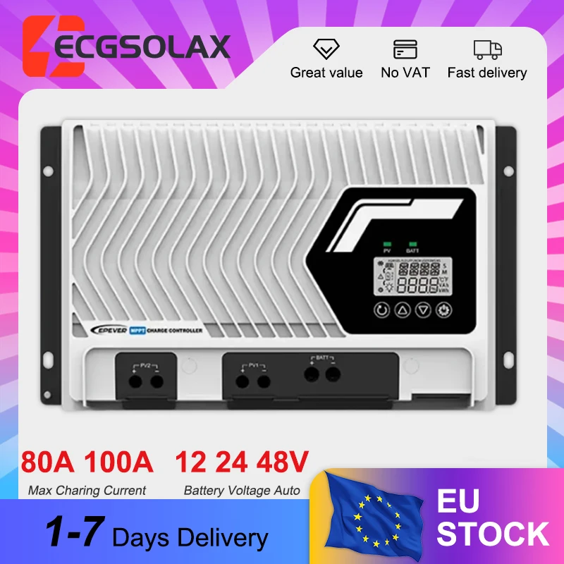 EPEVER 80/100A MPPT Solar-Laderegler IP32 Wasserdicht 12V/24V/48V DC Auto-Kompatibel mit LiFePO4 200V PV-Panel