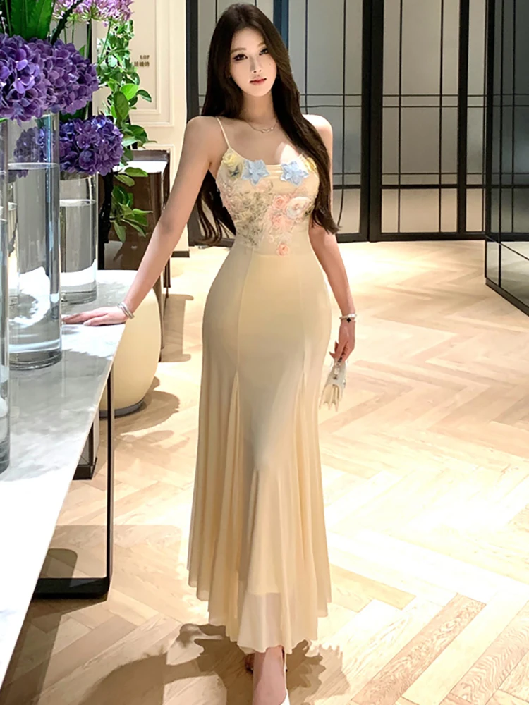 2025 nova malha branca apliques chique estilingue sexy vestido longo feminino elegante casual estilo praia vestido de verão coreano bodycon vestido de baile