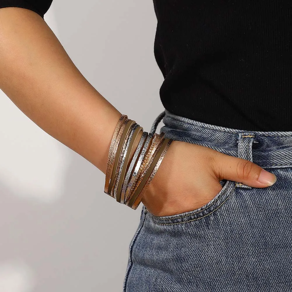 Amorcome Ethnic Multilayer Leather Bracelets for Women Men Boho Crystal Beads Wide Wrap Bracelets Fashion Female Party  Jewelry