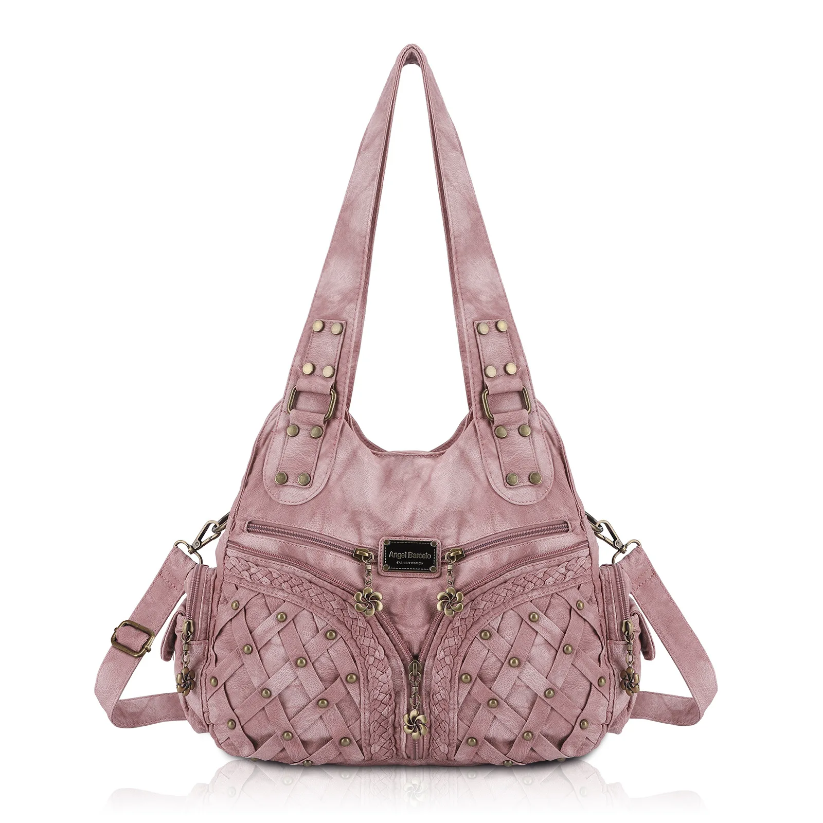 Damen Casual PU-Leder Schultertasche Modische Batik-Handtasche mit Nieten-Detail Crossbody Umhängetasche Große Kapazität Shopper