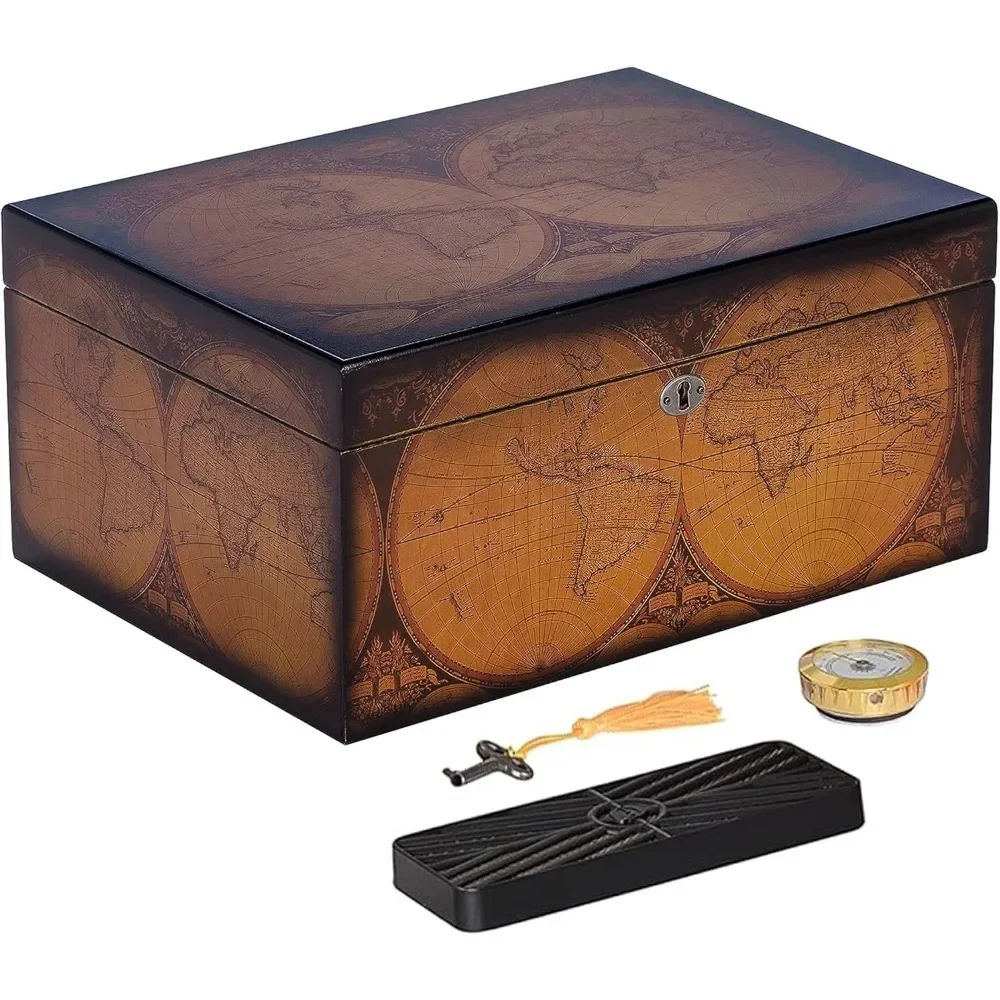 

【Antique Walnut】Old World Desktop Cigar Humidor - Spanish Cedar Tray & Dividers | Desktop Cigar Storage Box with Vintage Design
