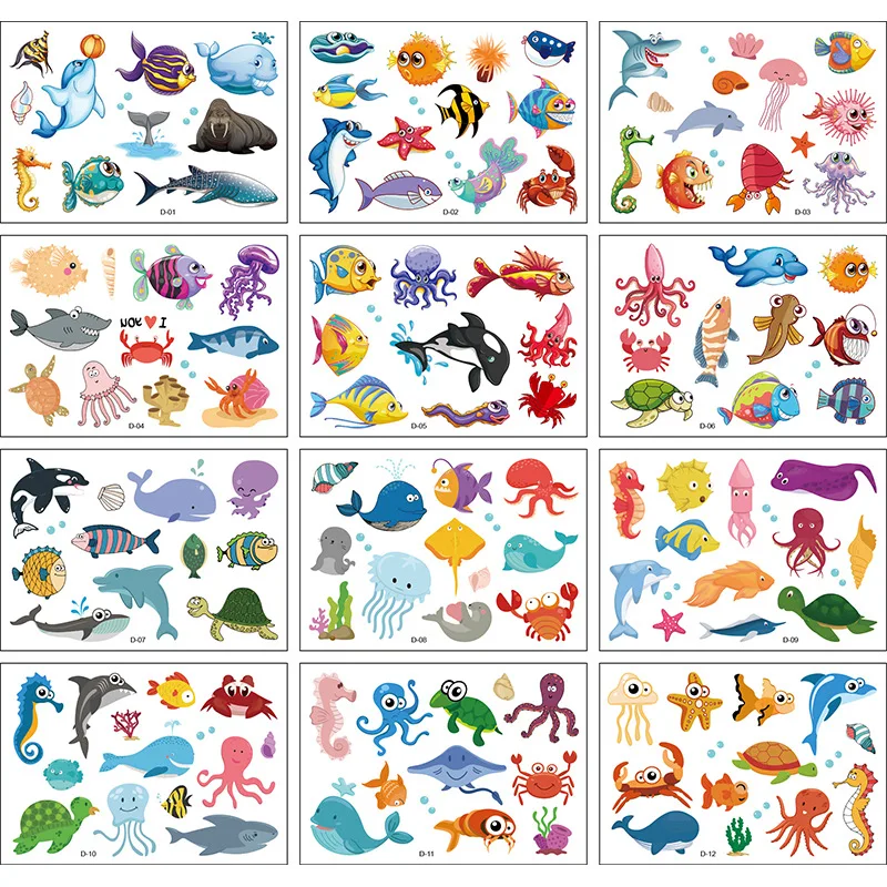 12 Onderwater Wereld Kinderen Cartoon Tattoo Stickers Leuke 3D Sea Animal Party Gift Tijdelijke Stickers