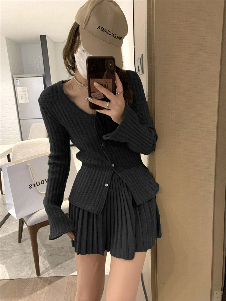 New Fashion Casual Single Breasted Knitted Two Piece Set Women Sweater Cardigan Coat + Pleats Skirt Sets Vintage 2 Piece Suits