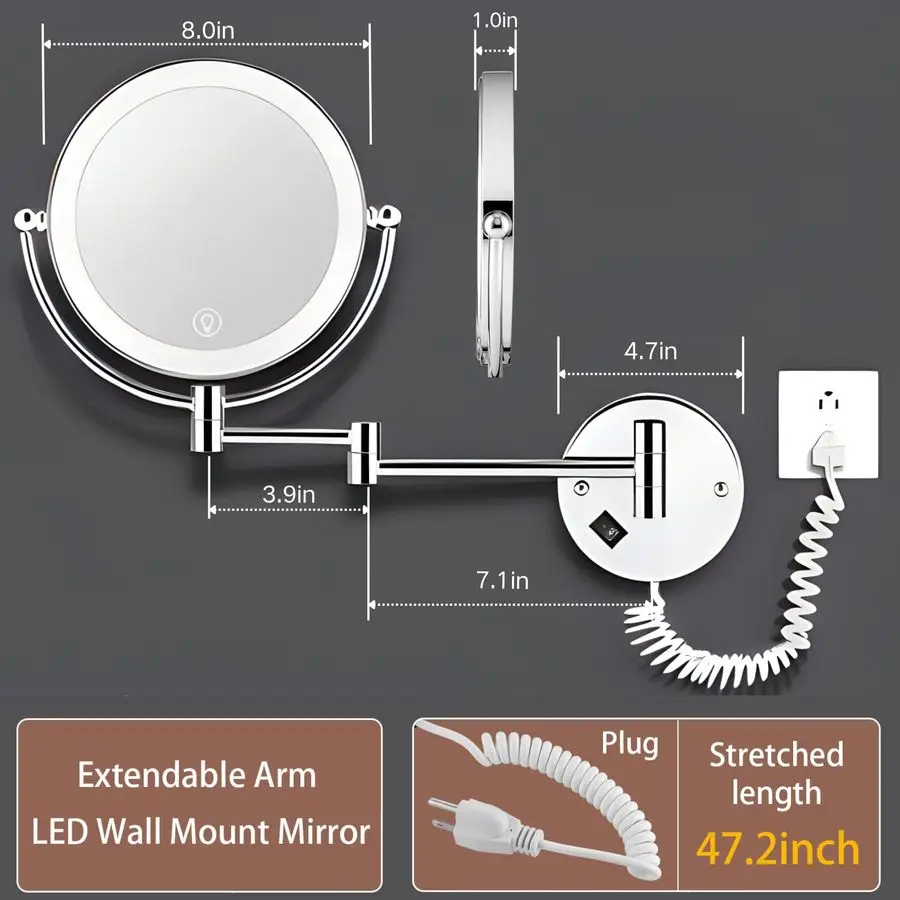 مرآة مكياج مضاءة مع تكبير، مرآة مكبرة مثبتة على الحائط 8 بوصة 1X 10X للحمام، قابلة للتعتيم باللمس، 360 دي