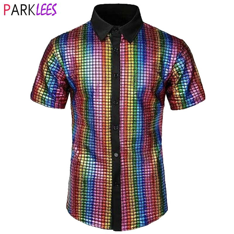 Shiny Colorful Checkered Sequin Party Shirt for Men 2024 Brand New Short Sleeve 70s Disco Dance Mens Shirts Stage Prom Chemise