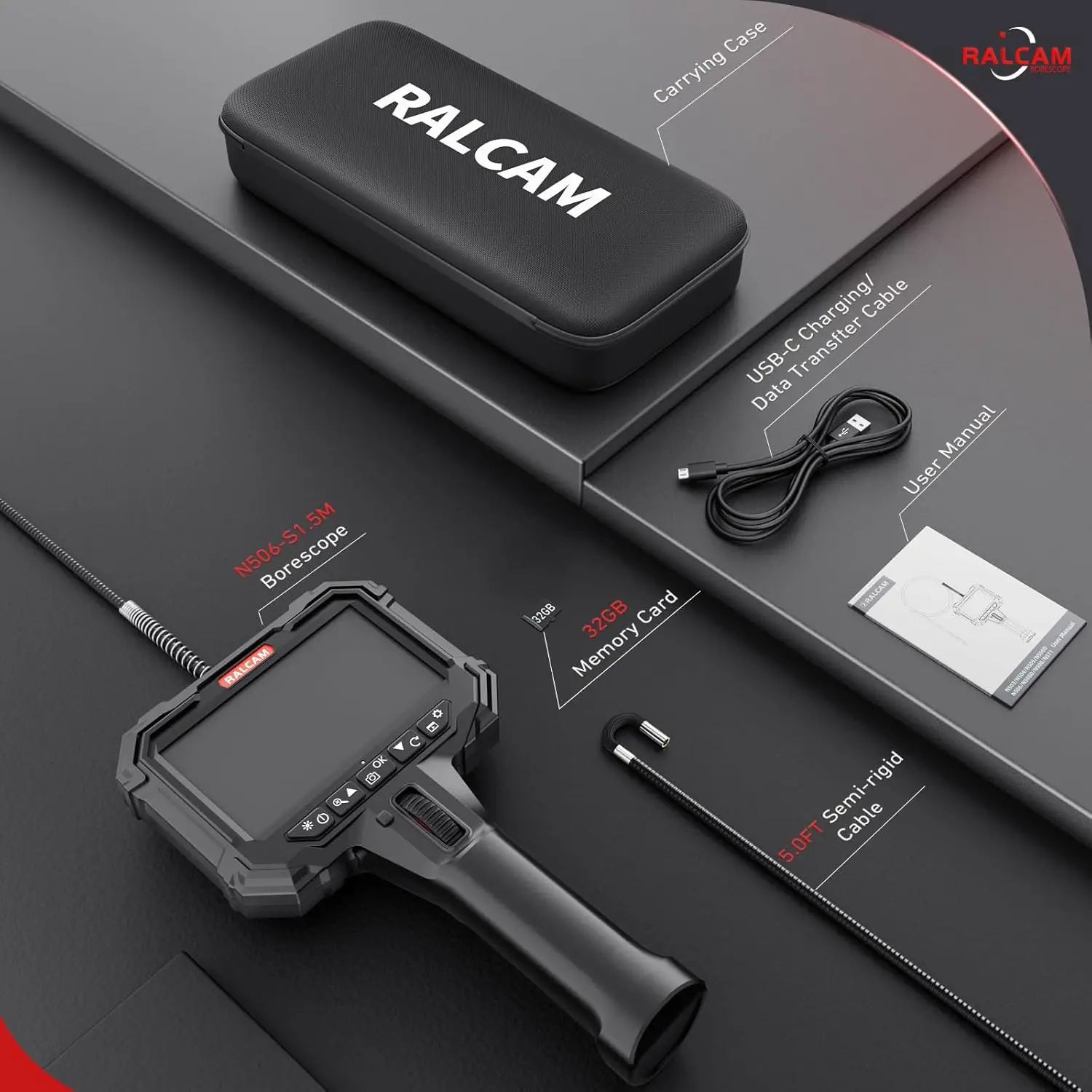 Ralcam Endoscope Camera with Light, Endoscope Camera with 210° Movable Head,  5 Inch HD Screen, 1-6M Cable for Car and Home view 6