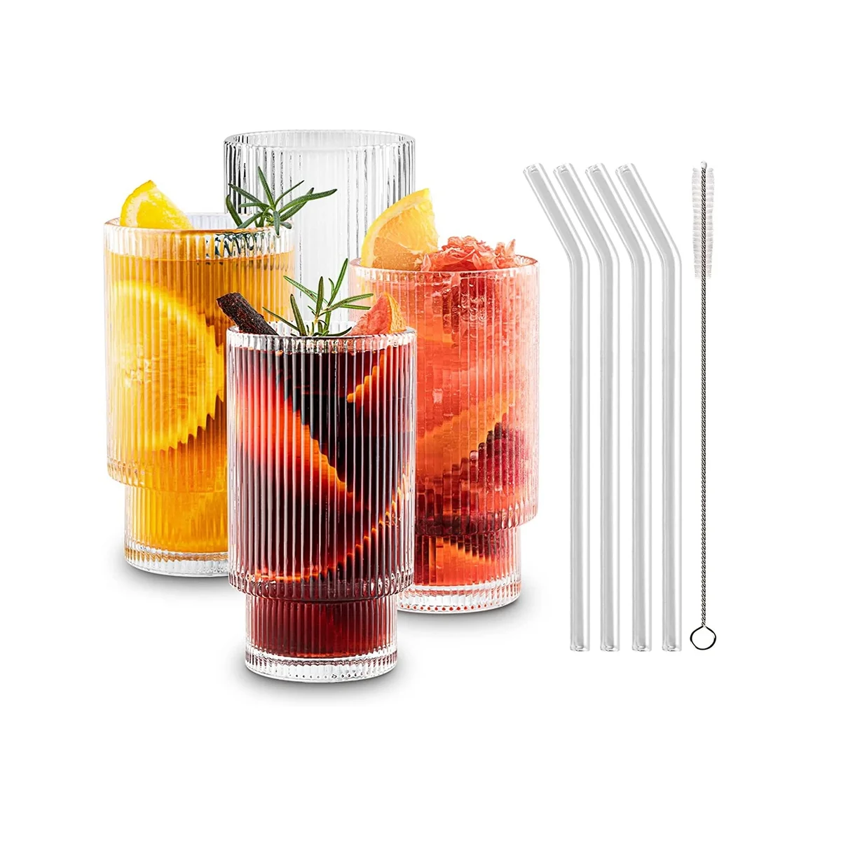 Ribbed Glass Cups with Straws 12Oz, Drinking Glasses 4, Ribbed Glassware, Cocktail Glasses, Vintage Glassware