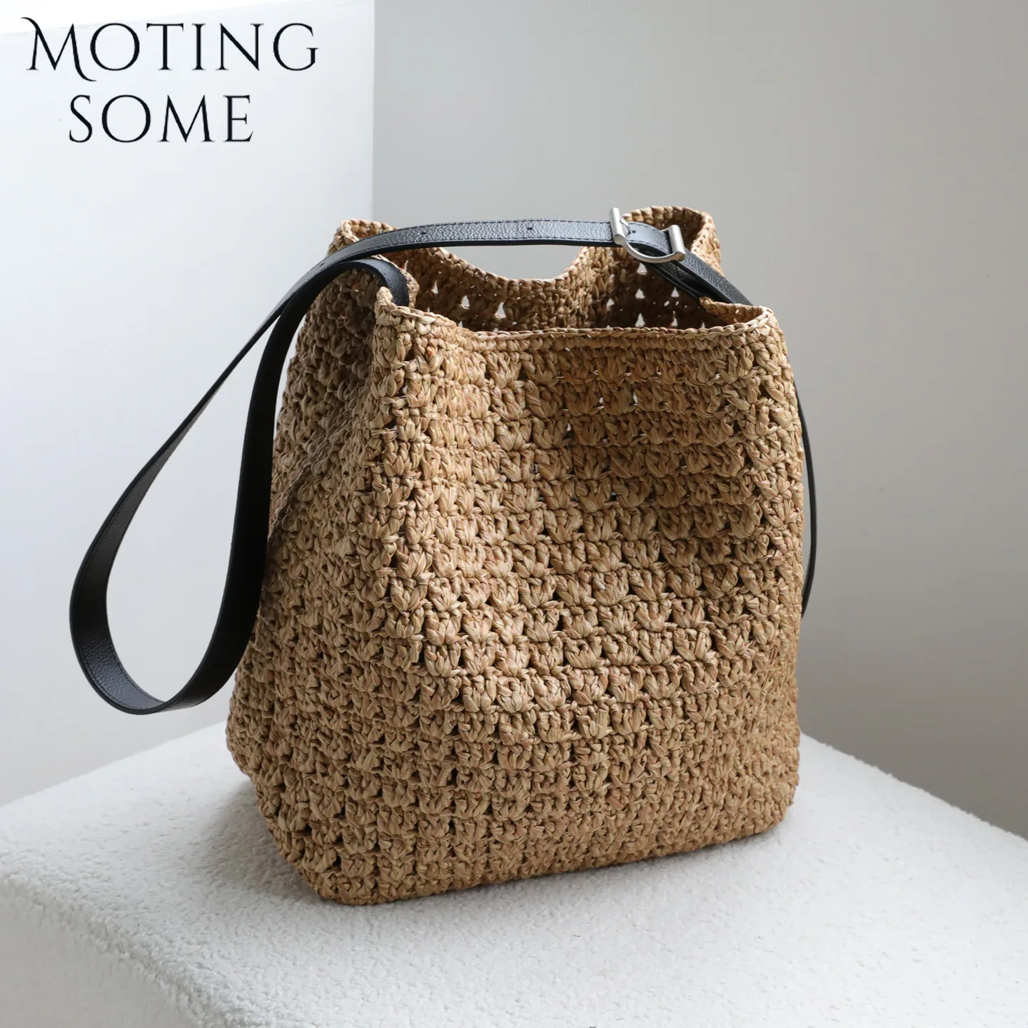 

MOTINGSOME Summer Bags Woman Beach Bag Luxury Lafite Grass with Cowhide Woven Bucket Large Capacity Shoulder Messenger Purse