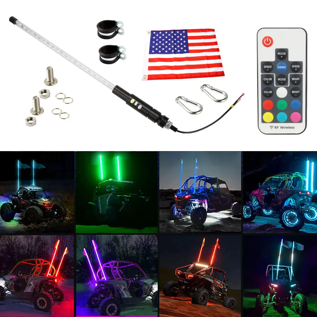 1x 90/60CM RGB LED Flagpole Light For Car Off-Road SUV ATV Decoration External Antenna Lamp Remote Control Whip Light with Flag