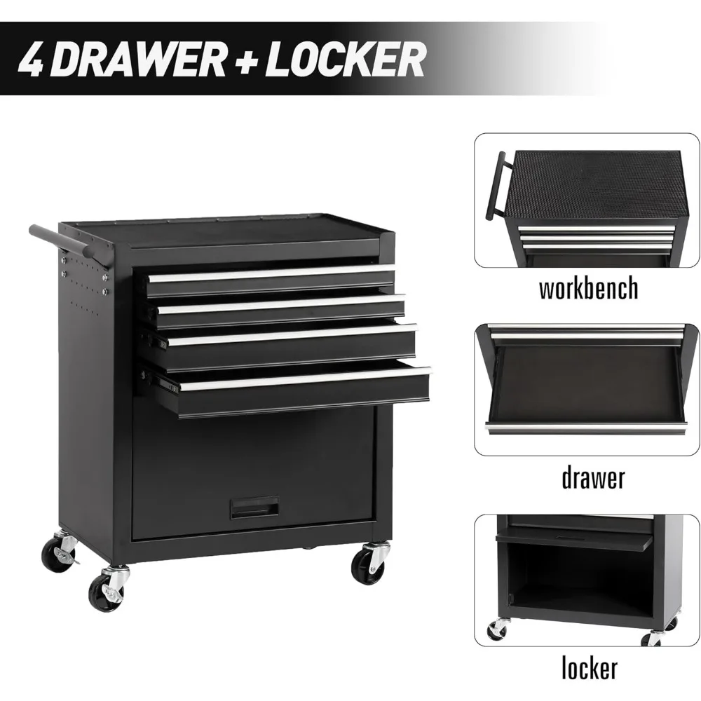 Multifunctional Rolling Storage Tool Chest with 4 Drawers, Heavy Duty Toolbox Organizer on Wheels for Garage and Workshop