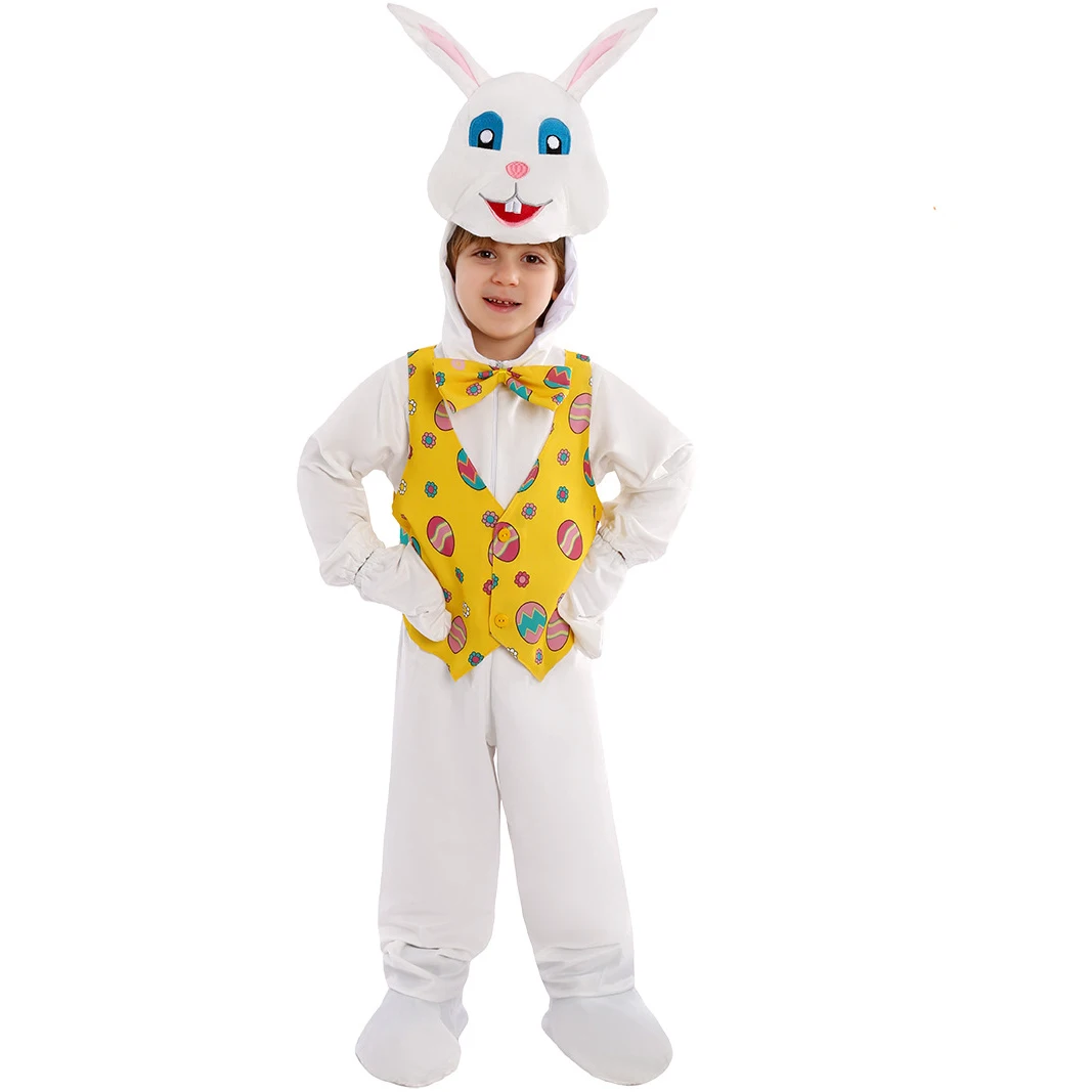 Kids Boys Girls Cartoon Rabbit Jumpsuit with Gloves Vest Bow Tie White Cute Animal Cosplay Role Play Costume Kids Party Bodysuit