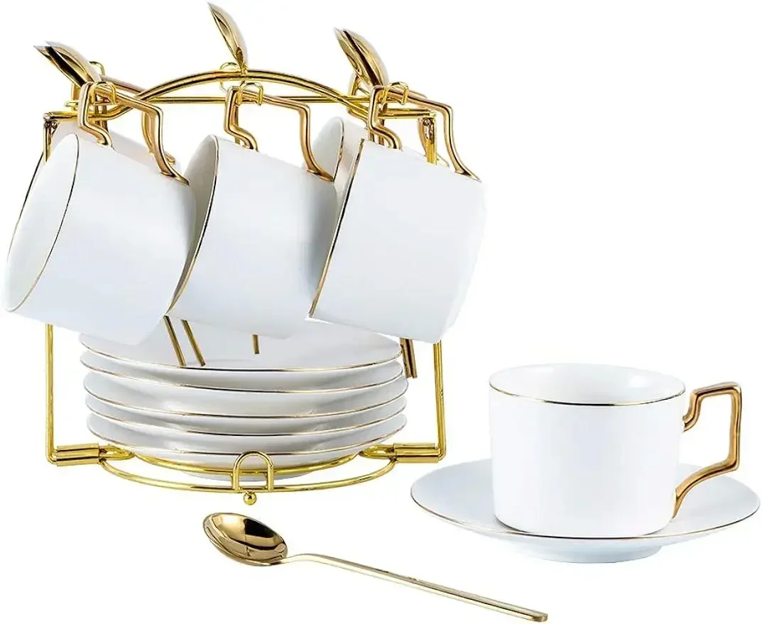 

Tea Cups and Saucers Set of 6, Tea Cup Set with Gold Trim, Porcelain Coffee Cups with Saucers and Spoons, Espresso