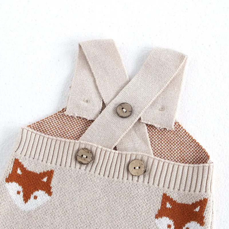 MiniAinis Autumn Winter New Baby Knitted Cotton Overalls Girls Fox Pattern Jumpsuit Boys Knit Sleeveledd Romper Newborn Clothes