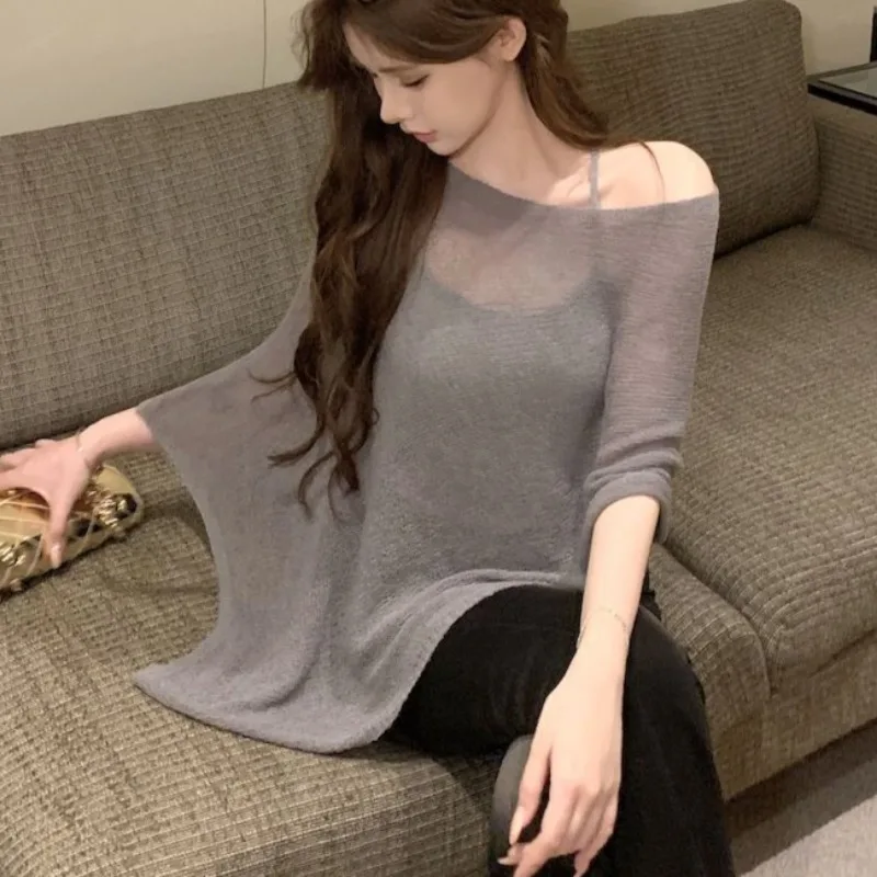 Irregular Knitted Pullovers Women Korean Clothing Slant Shoulder Seethrough Sexy Mujer Loose Cozy Retro Casual Summer Holiday