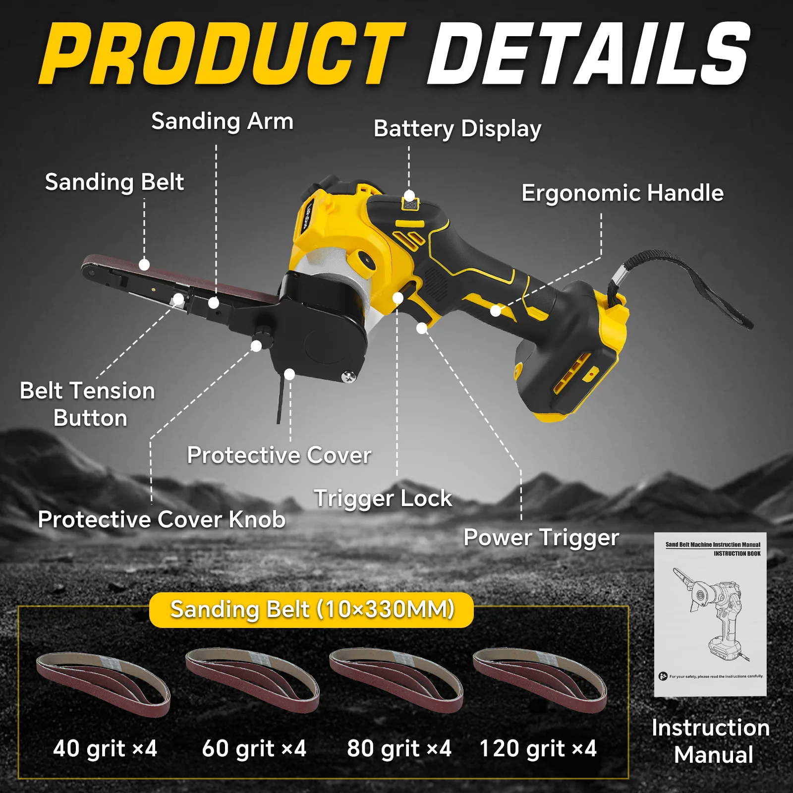 Brushless Cordless Belt Sander Mini Detail Sander 360° Adjustable Finger Sander Wood Paint Metal Rust for Dewalt 20V Battery Pin