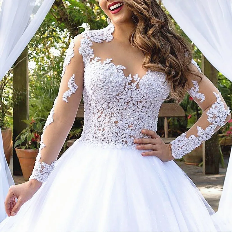 Elegant Wedding Dress Long Lace Sleeves Sweetheart Beading Bridal Ball Gown Lace Applique Tulle With Train Robe De Mariée