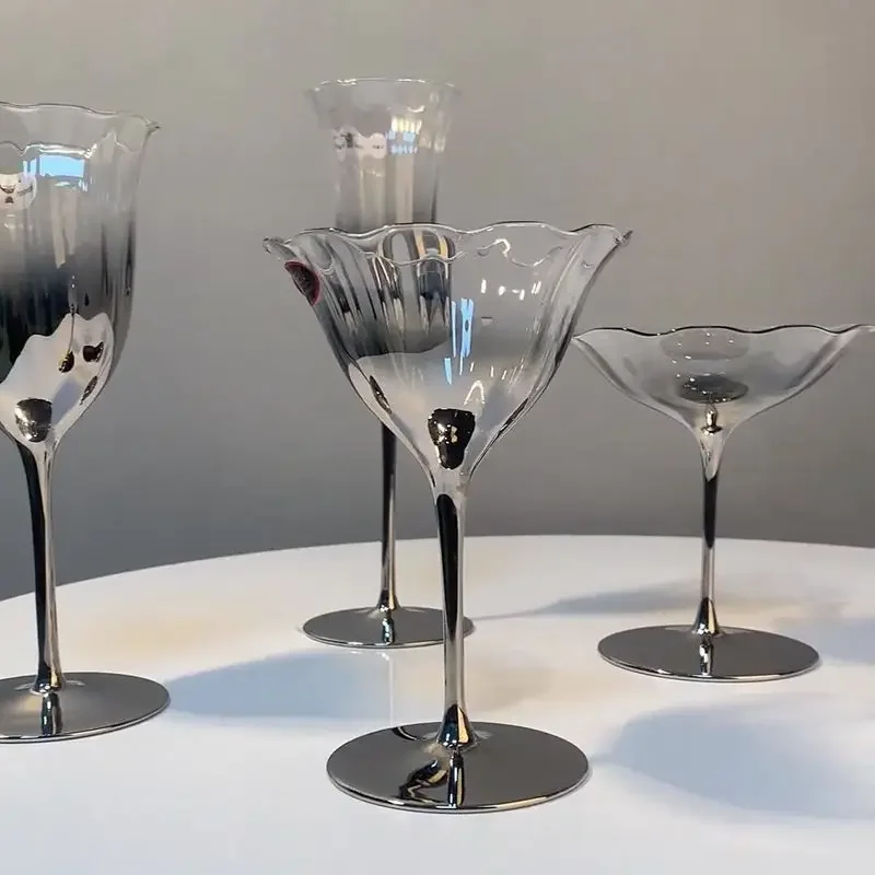 Electroplated Gradient Silver Crystal Glass Goblets Champagne Cocktail Glass Silver Fade Wine Glasses for Home Bar Wedding Party